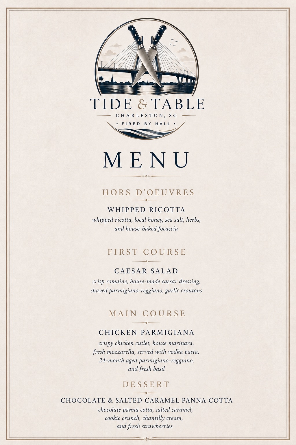 Sample Tide & Table tasting menu featuring hors d'oeuvres, first course, main course, and dessert